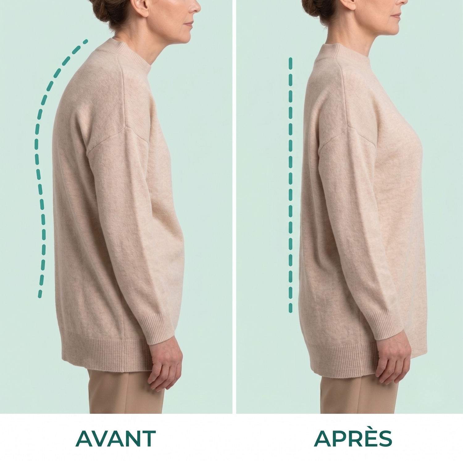 Comparaison avant après de profil, dos arrondi puis dos redressé, illustrant le redressement de la posture