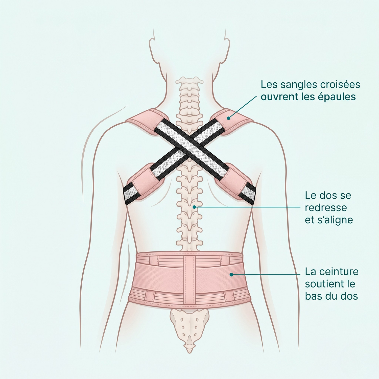 Schéma du correcteur de posture Lunessio porté de dos, sangles croisées aux épaules et ceinture de soutien lombaire
