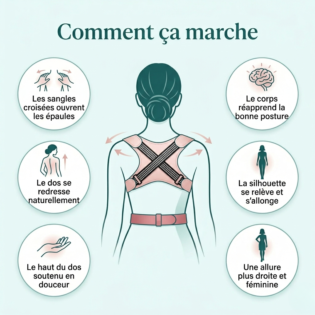 Comment fonctionne le correcteur Lunessio, sangles croisées qui ouvrent les épaules et redressent le dos en douceur
