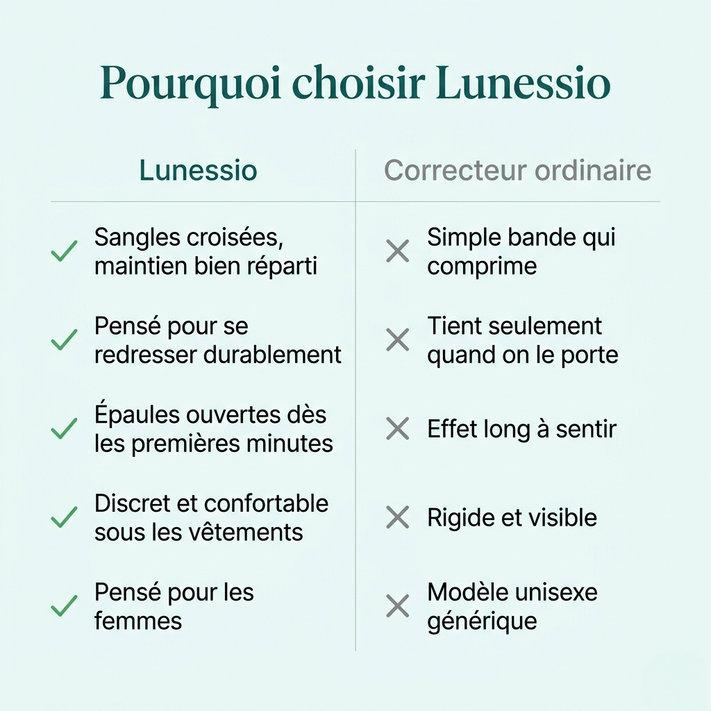 Comparatif Lunessio face à un correcteur ordinaire, maintien réparti, redressement durable, effet immédiat, confort