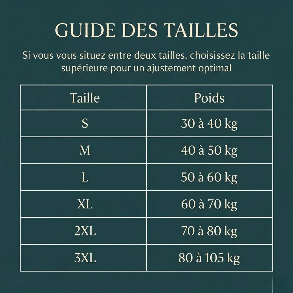 Guide des tailles du correcteur de posture Lunessio, du S au 3XL selon le poids