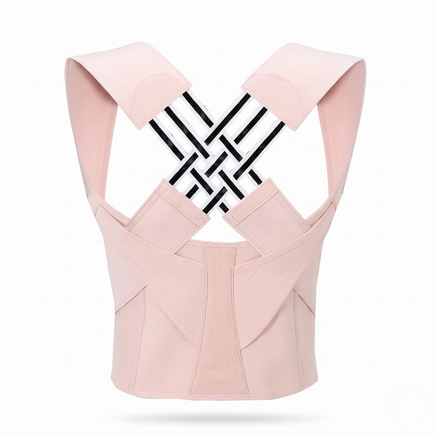 Correcteur de posture Lunessio rose poudré avec sangles croisées en X noir et blanc dans le dos, vue sur fond blanc