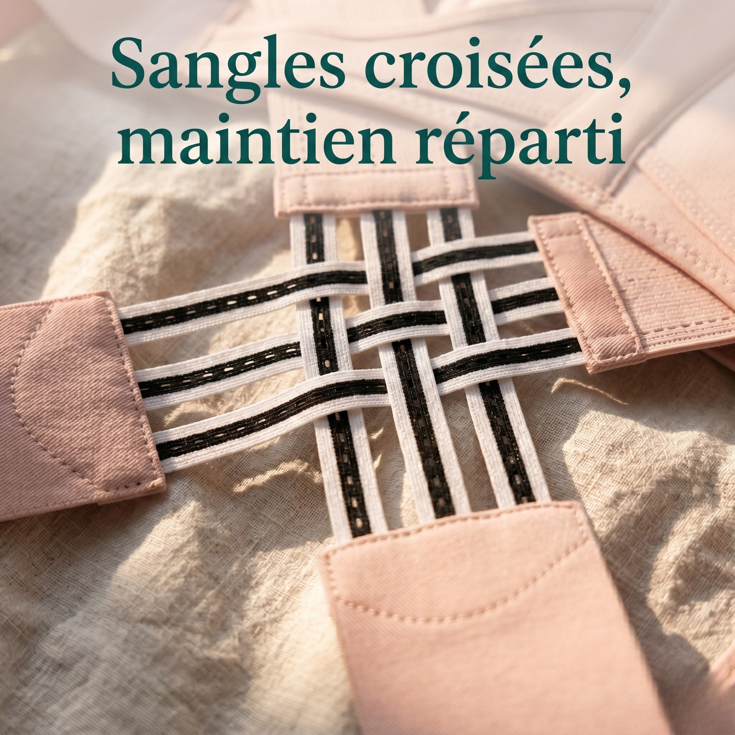 Gros plan sur les sangles croisées en X du correcteur de posture Lunessio, détail de la matière respirante rose poudré