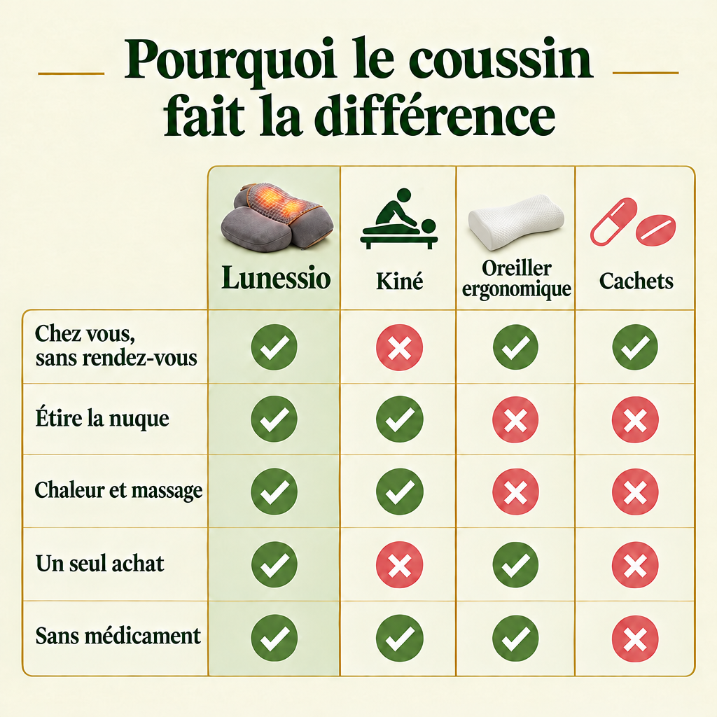 Comparatif : Lunessio, kiné, oreiller ergonomique, cachets