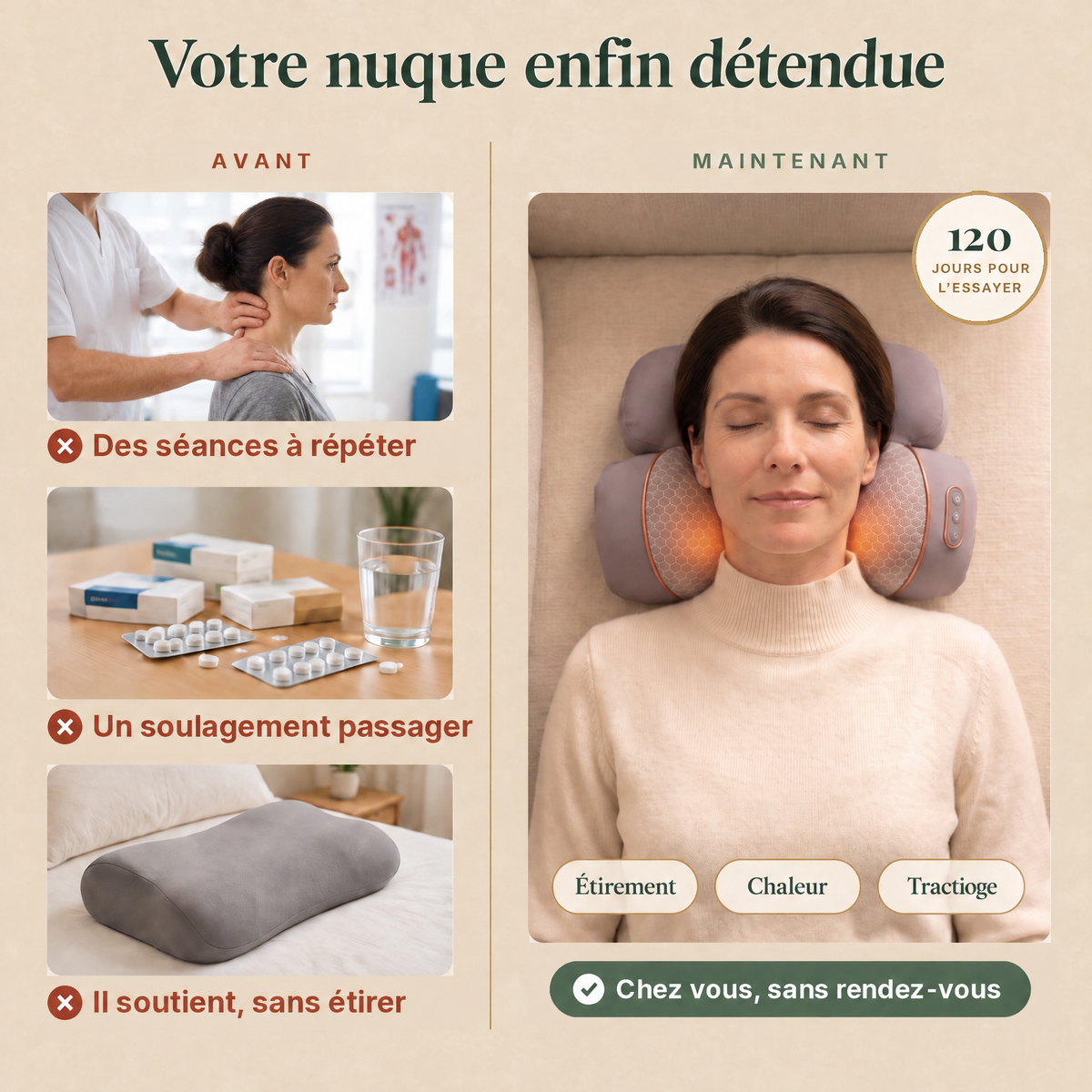 Kiné, cachets, oreiller : avant. Le coussin cervical 3 en 1 : maintenant